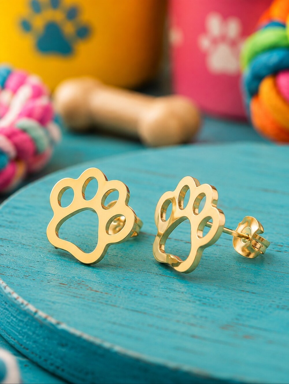 Dog Paw Print Stud Earrings  18K Gold Plated Stainless Steel Pet Lover 0.5"